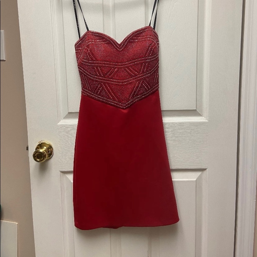 Red B Darlin strapless dress.
